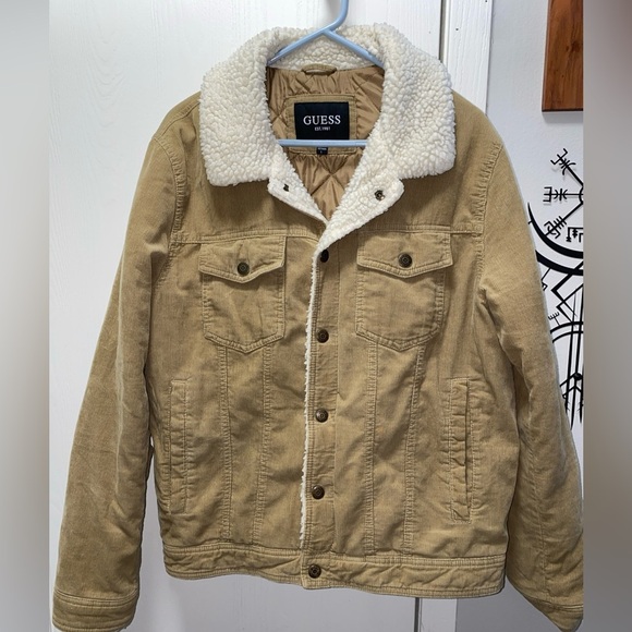 GUESS Jeans Sherpa Trimmed Corduroy Trucker Jacket Brown Size Large men’s - Picture 1 of 9